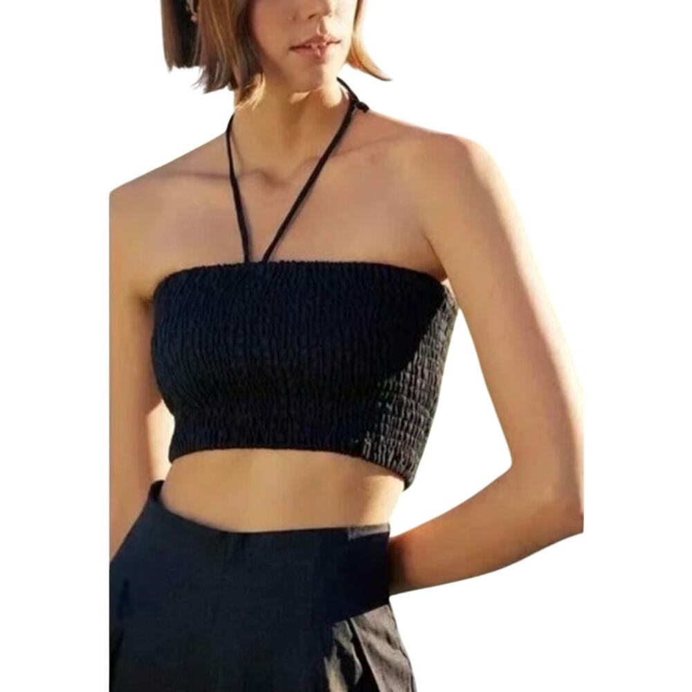 Faithfull the Brand Vita  Crop Top Linen Halter Tie, Color Black, Size 12 US/XXL